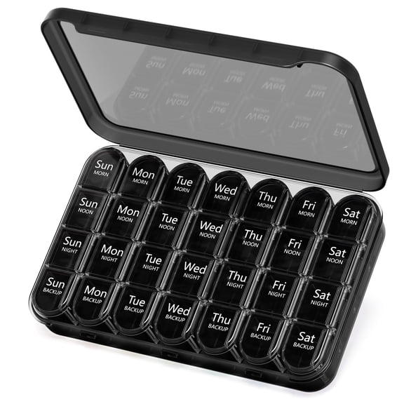 Weekly Pill Organizer 4 Times a Day, 7 Day Pill Box Case for Travel, Large Medication Container for Daily Vitamin and Medicine, with Portable Compartments (Black)