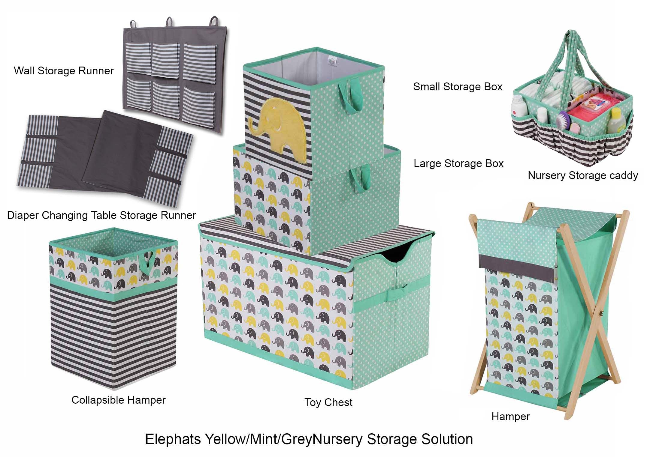 Bacati - Elephants Nursery Storage Items, Mint/Yellow/Grey