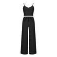 thumbnail image 5 of Virmaxy Womens Stylish Outfit 2 Piece Set Solid Color Two-Piece Cotton and Linen Pleated Halter Top Wide-Legged Pants Fashion Casual Suit Black M, 5 of 8