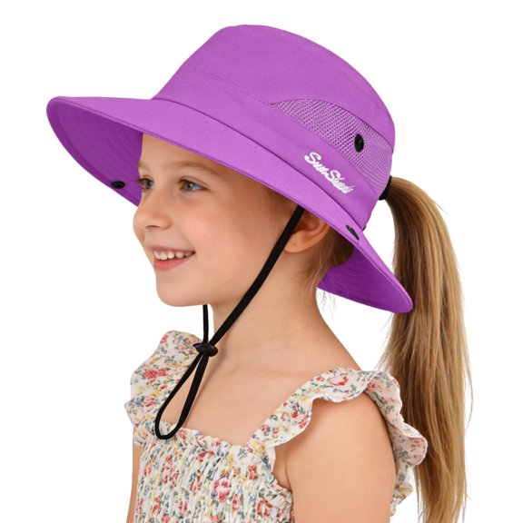 Kids Girls Ponytail Sun Hat UPF 50 UV Protection Quick Dry Bucket Cap Adjustable Foldable Mesh for Beach Fishing Outdoor-solidpurple-1