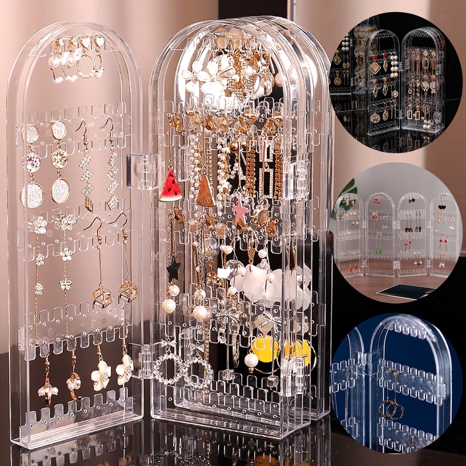240 Holes Acrylic Earrings Holder,Double Side Jewelry Organizer,4 Doors Foldable Clear Necklaces Display Stand