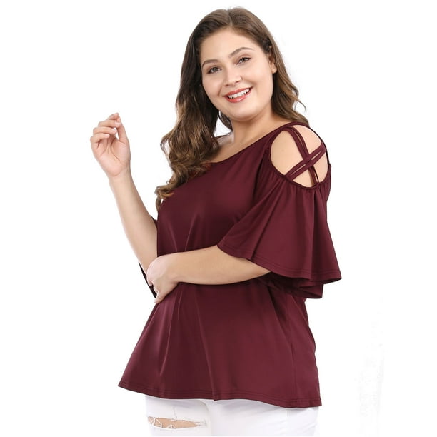 BluTop TalExtMangas De TrompeHombro Frío De Tiras PaMujer Rojo 1X