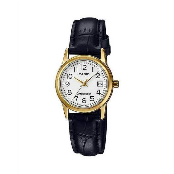 Casio Women Black Leather Band Gold Bezel White Dial Analog Watch LTP-V002GL-7B2UDF
