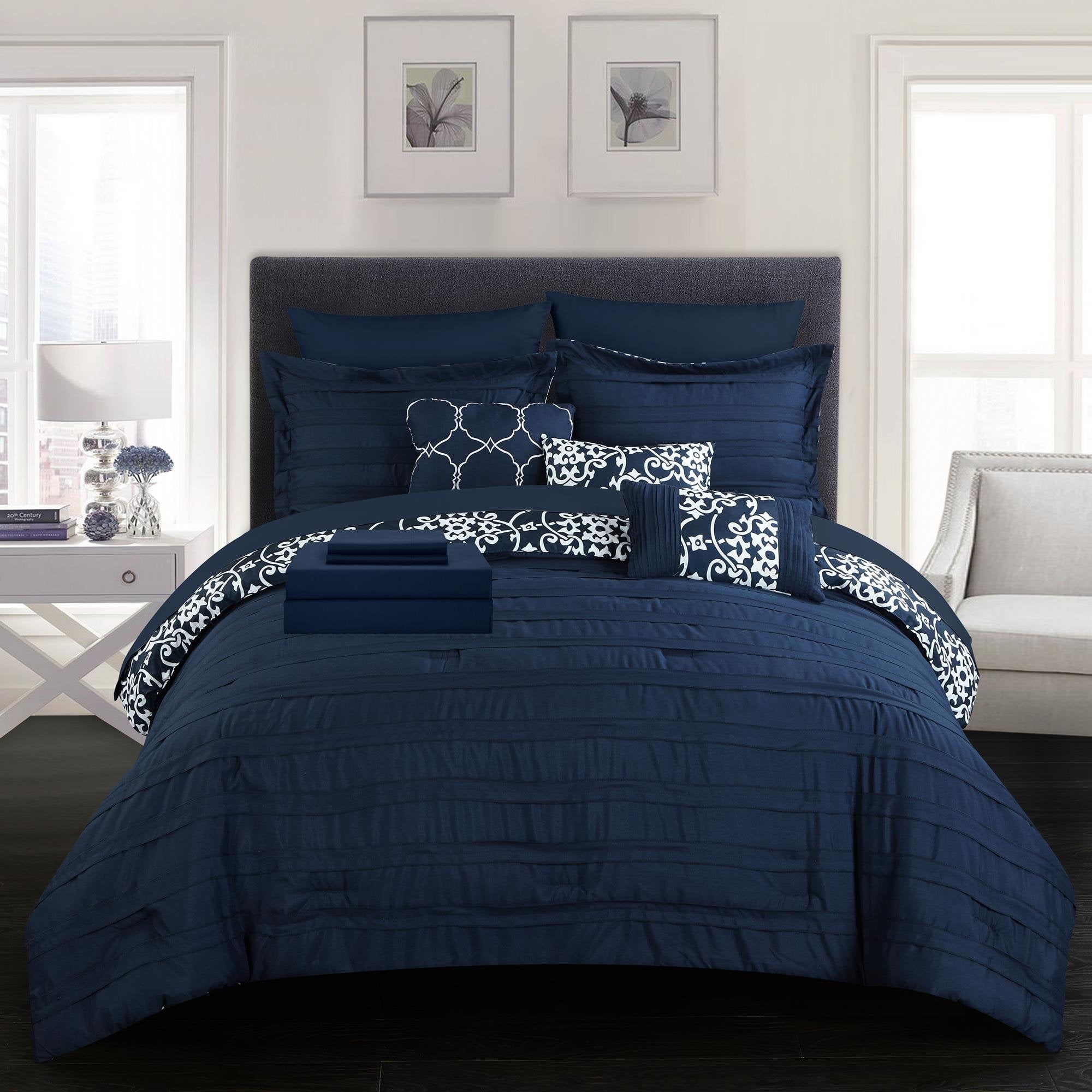 Pernilla 6/8 Piece Comforter Bed in a Bag Sheet Set Decorative Shams Navy 