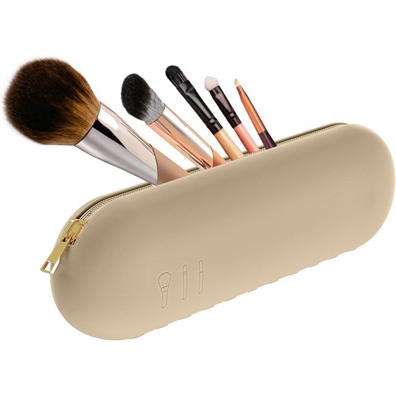 LESYAO Travel Makeup Brush Holder, Silicone Make up Brush Organizer Bag, Zipper Anti-Fall Out Makeup Brush Pouch for Daily, Work or Gift Giving - Khaki