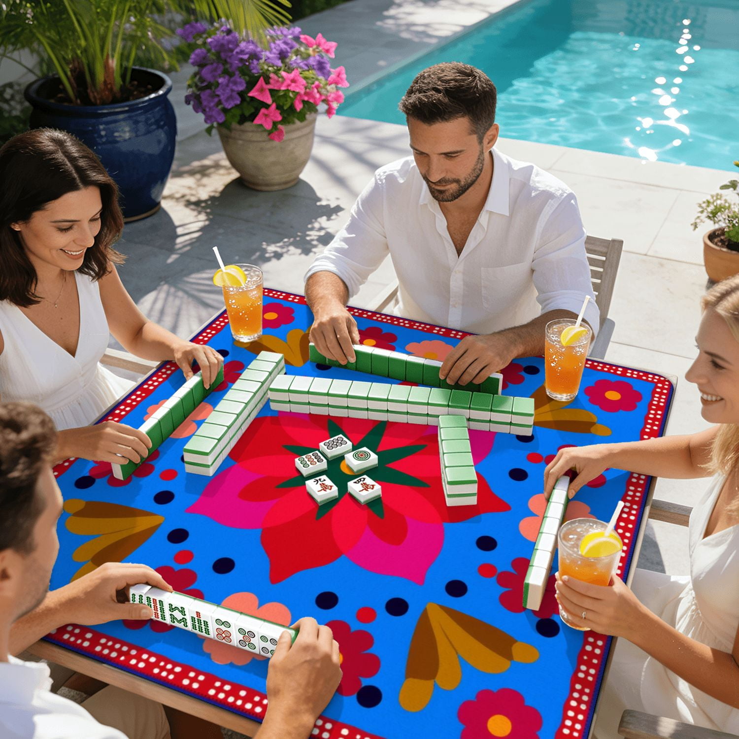 Mahjong Mat 31.5" x 31.5" Colorful Floral Folk Art Bold Geometric Shapes Non-Slip Noise Reduction American Mahjong Tiles Table Cover for Dominoes Poker Card Board Games Gift