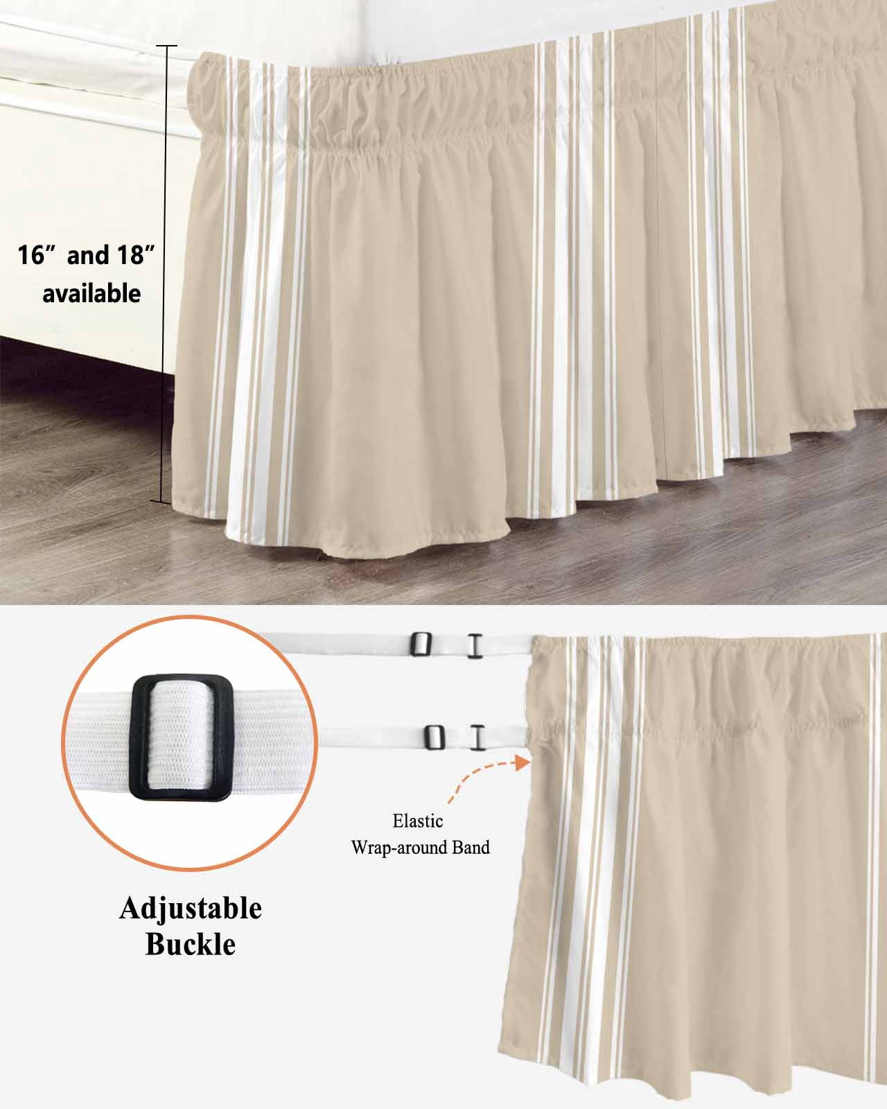 Farmhouse Khaki Bed Skirt Queen Size 16 Inch Drop, White Stripe Adjustable Elastic Dust Ruffles Bedskirt for Queen Bed Wrap Around Pleated Mattress Frame Cover