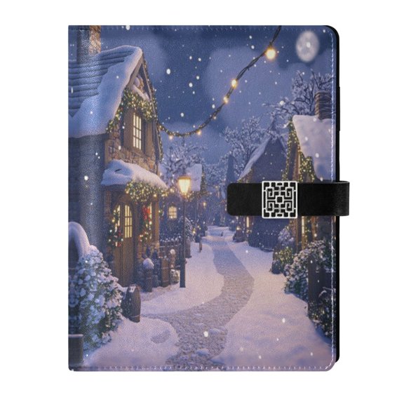 9.2x6.7 inch Leather Notebook 100 Sheets, Multi-Pocket Design & Pen Loop Beautiful Christmas Night Village Refillable Journal Organizer