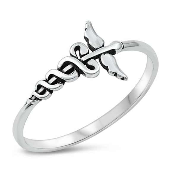 Oxidized Medical Caduceus Nurse Ring .925 Sterling Silver Band Jewelry Female Male Unisex Size 9