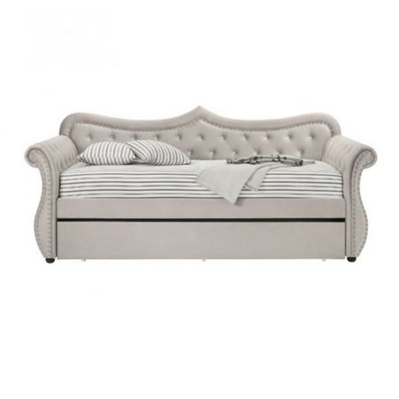 Classic Wood Daybed with Trundle  Button Tufted with Nailhead Trim  Beige- Saltoro Sherpi