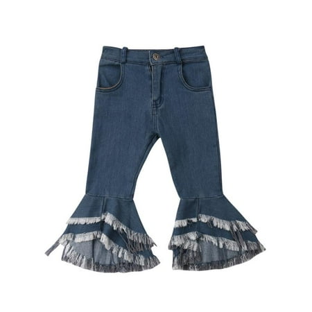 Kids Girls Denim Look Leggings Flared Button Closure Tassel Jeans Elastic Waist Denim