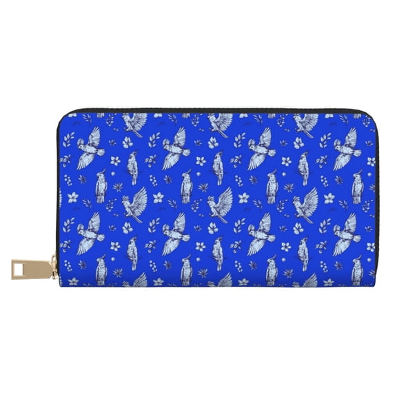 Leather Thin Slim Wallets for Women Men - Sketch Line Cute Parrot Blue Clutch Card Wallet for Women Men with Zipper