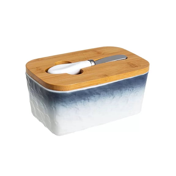 YUN TAO Ceramic Butter Dish with Wooden Lid, Large Butter Container Keeper Storage with Stainless Steel Knife Spreader, Bamboo Cover and Silicone Sealing Ring, Blue