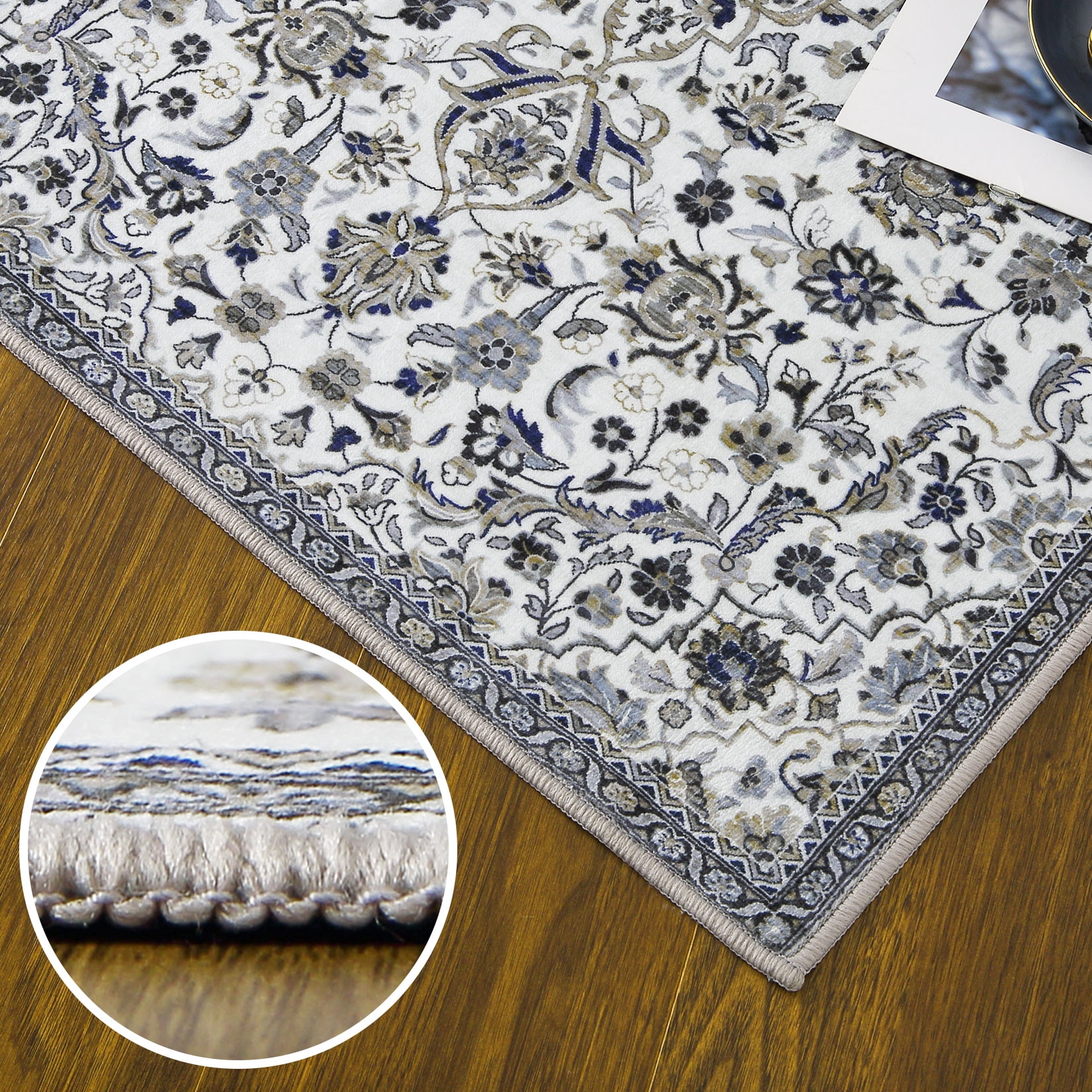 HOMERRY Runner Rug 2' x 6' Washable Modern Vintage Floral Hallway Runner Carpet for Doorway Bedside, Gray/Green