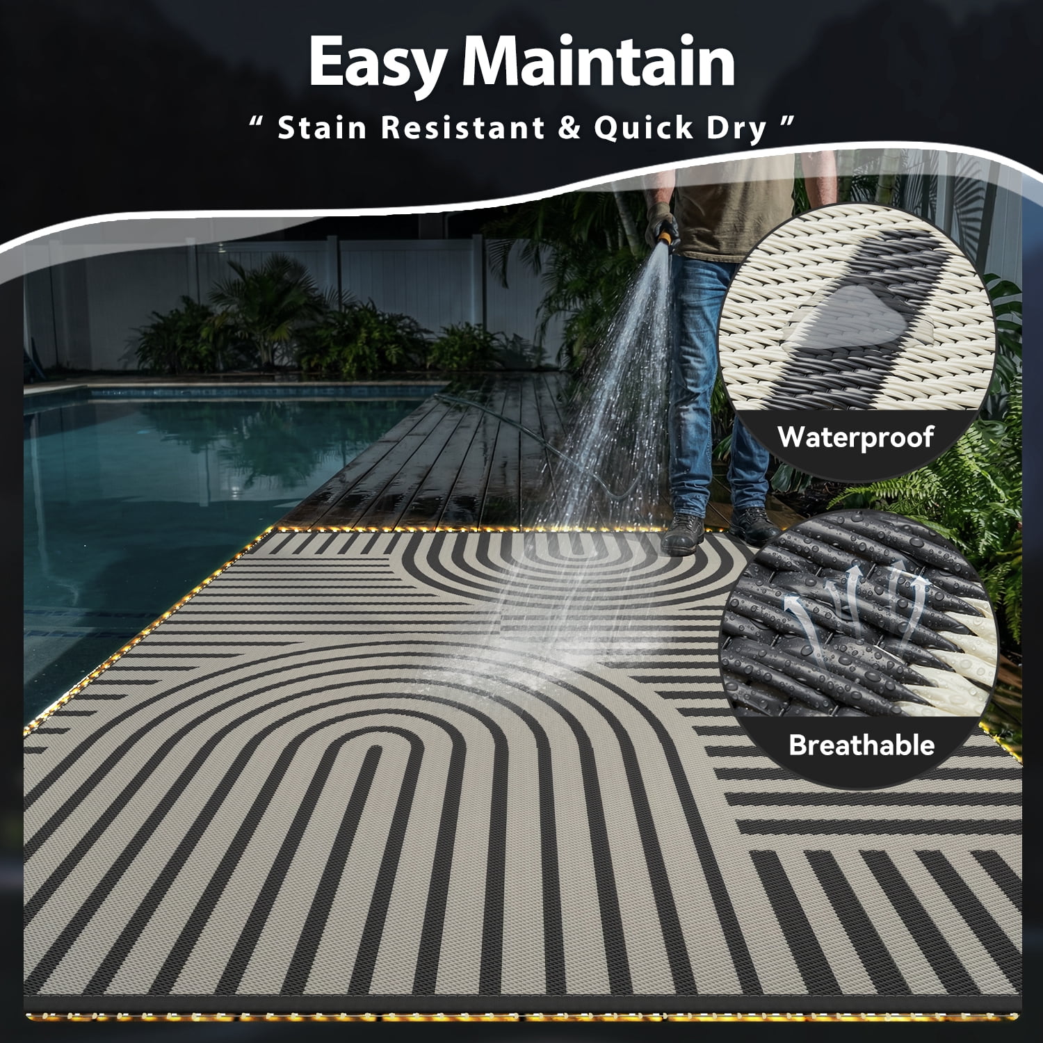 VUNATE Outdoor Rug with LED Strip Lights 8'x10' Waterproof Reversible Patio Rug Plastic Straw Lightweight Indoor Outdoor Rug for RV Camping Deck Balcony Boho Porch Decor Gray and Beige