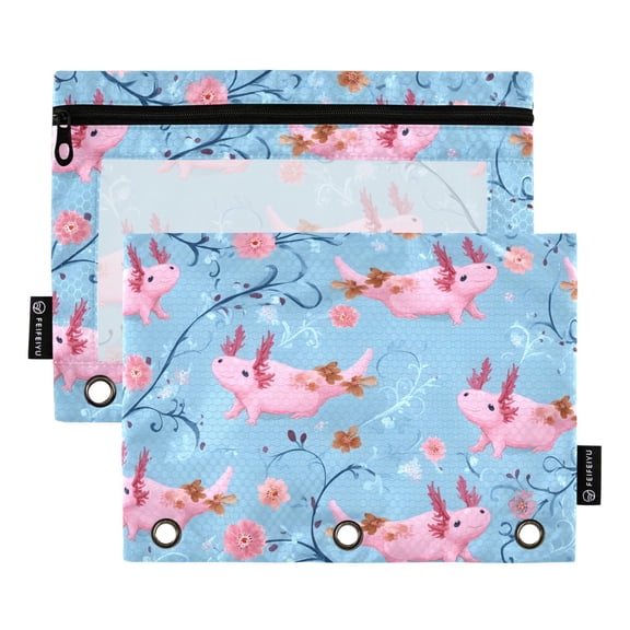 ALAZA 2 Pack Pencil Pouch Cute Axolotls Blue Pencil Case for 3 Ring Binder Clear Window Pencil Bag Organizers