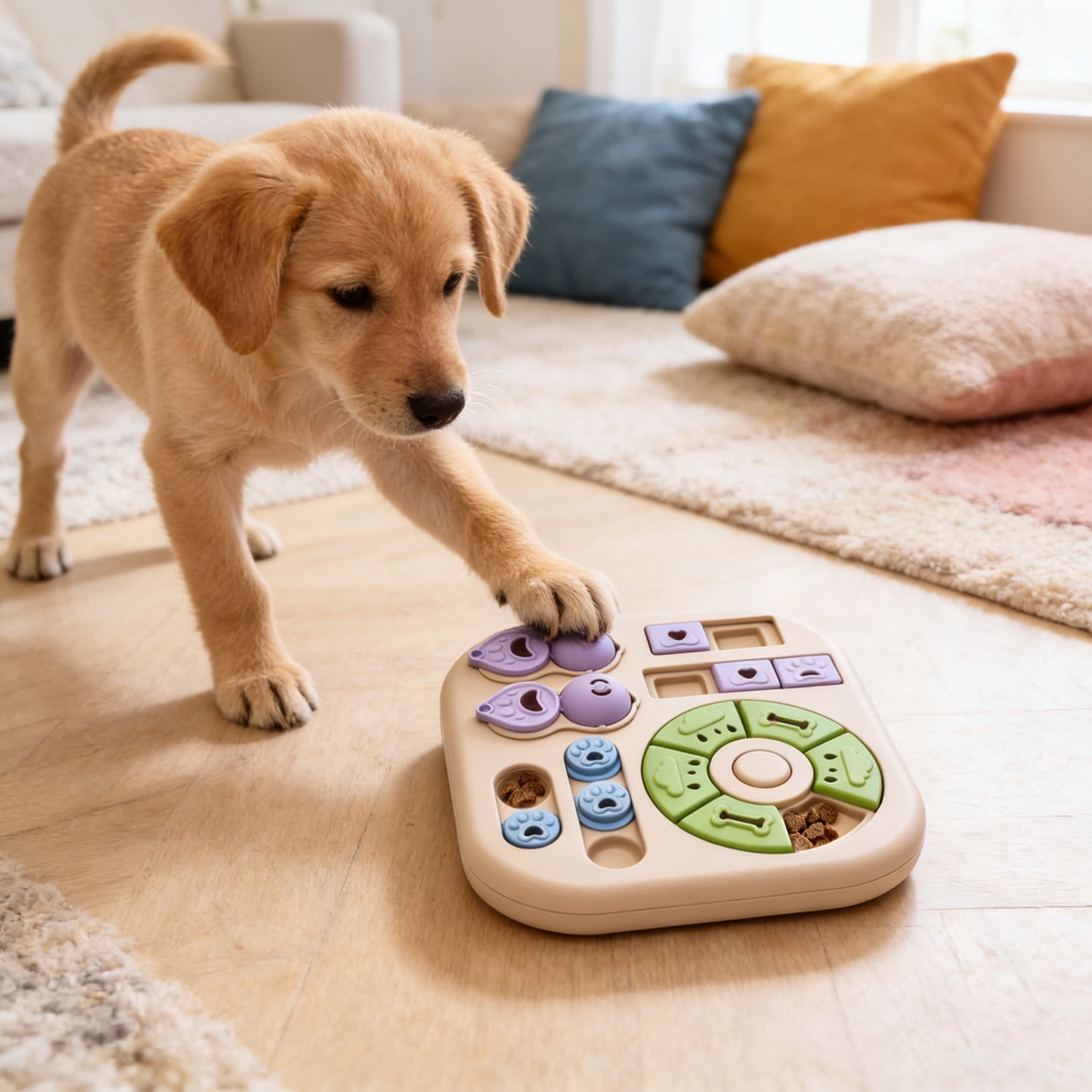 Dog Puzzle Toy Slow Feeder, Interactive Treat Dispenser for Mental Stimulation - Enrichment Snuffle Mat with Spinning Wheel & Buttons for Dogs Puppies Cats, Boredom Breaker (Beige)
