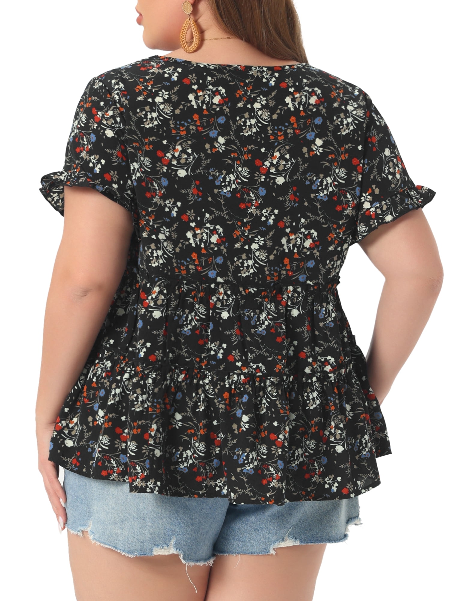 DARING DIVA Women's Plus Size V Neck Short Sleeve Floral Babydoll Blouse 4X Black White