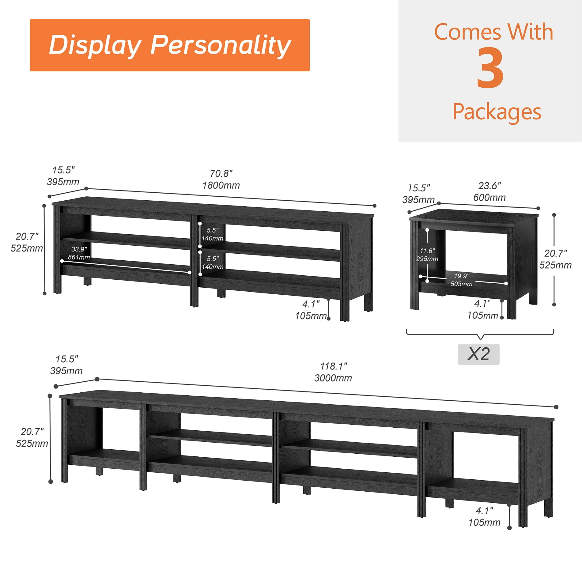 Fitueyes 118" Wood TV Stand for 85-100" TVs, Media Console Table with Open Shelves for Living Room Bedroom, black
