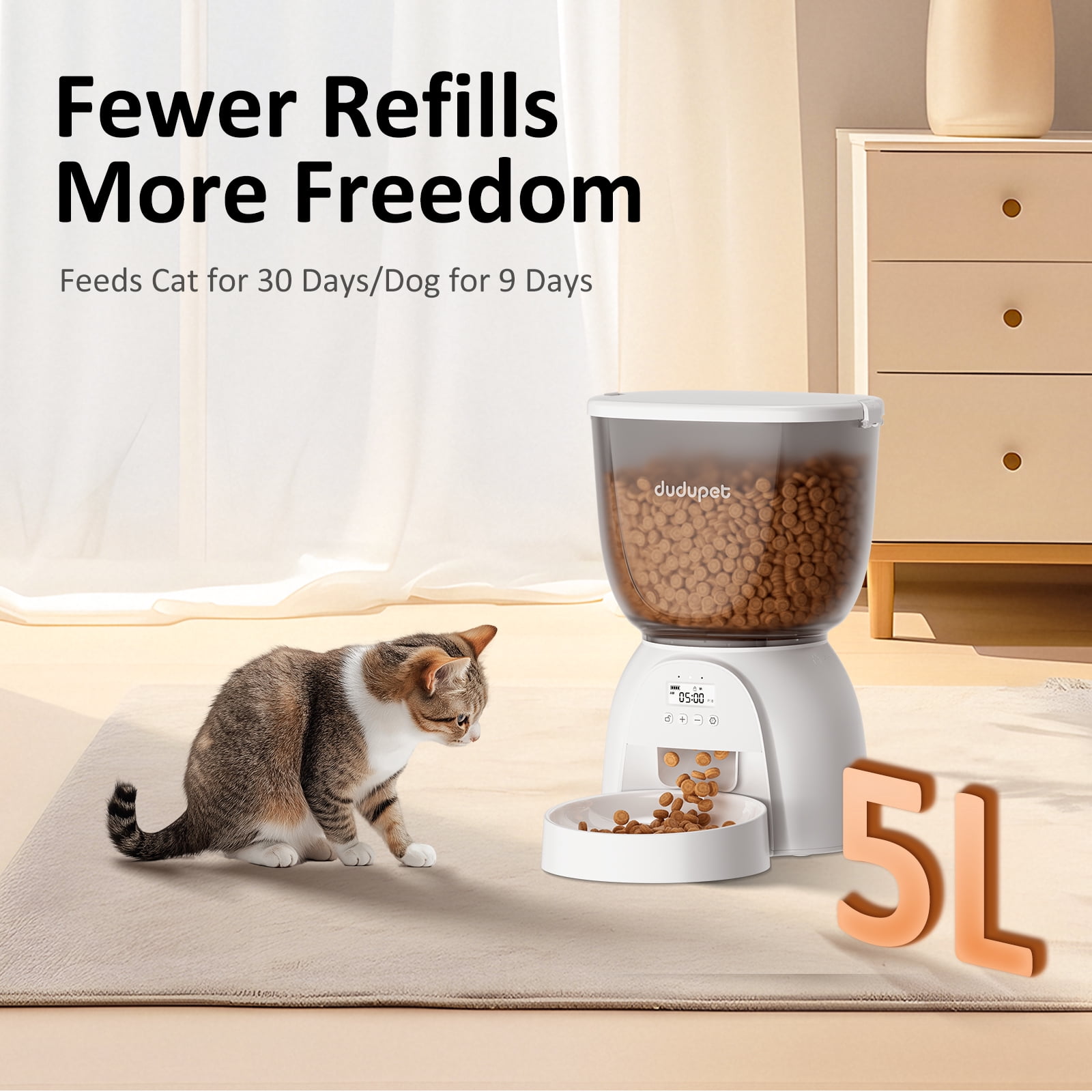 5L/21 Cup Automatic Cat Feeder, Timed Cat Dry Food Dispenser, Automatic Pet Feeders Dual Power Supply, 6 Meal Programmable 1-20 Portion Cat Feeder, Auto Dog Feeders,Pet Food Dispenser for Cats, Puppy