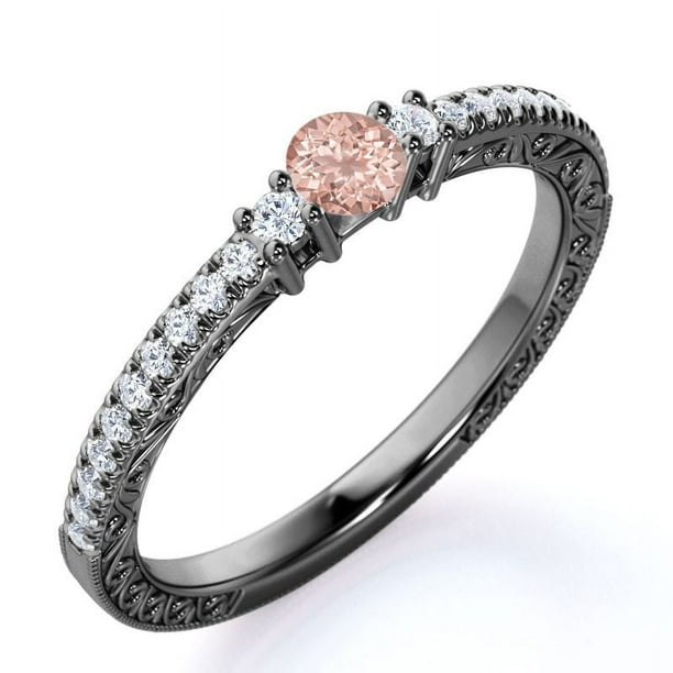 JeenMata Anillo de Compromiso Sencillo de 0,75 Uds, Morganita Rosa Redonda Creada, de Inspiración Vintage, Piedra Natal de Octubre, Delicado, Oro Negro de 18 K sobre Plata