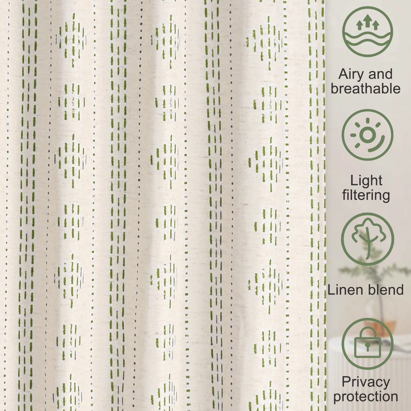 Alishomtll Boho Farmhouse Curtains Linen Light Filtering Sage Green Geometric Striped Window Drapes ,52"x63", 2 Panels