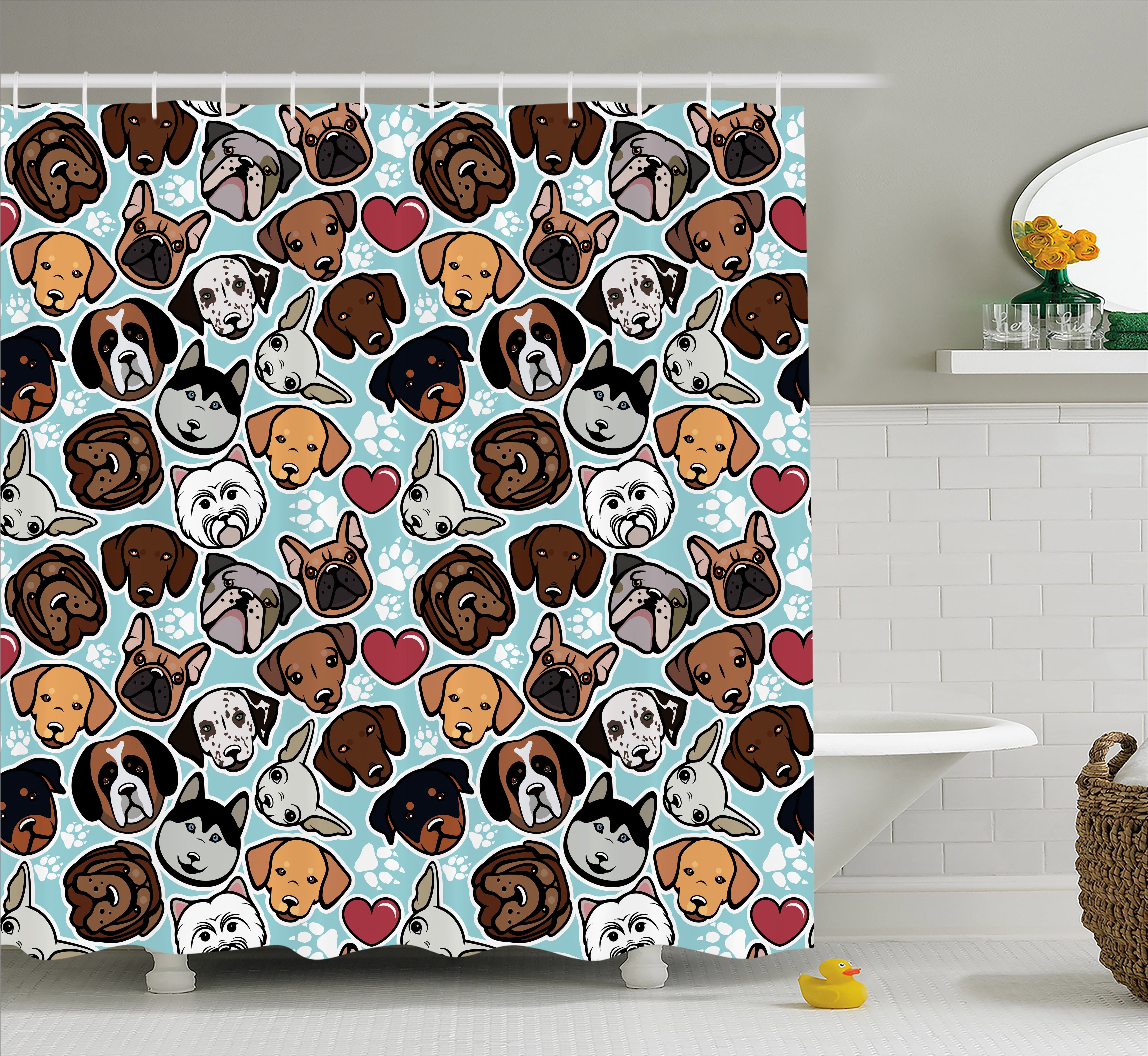 Dog Lover Shower Curtain, Canine Breeds Bulldog Chihuahua Siberians and