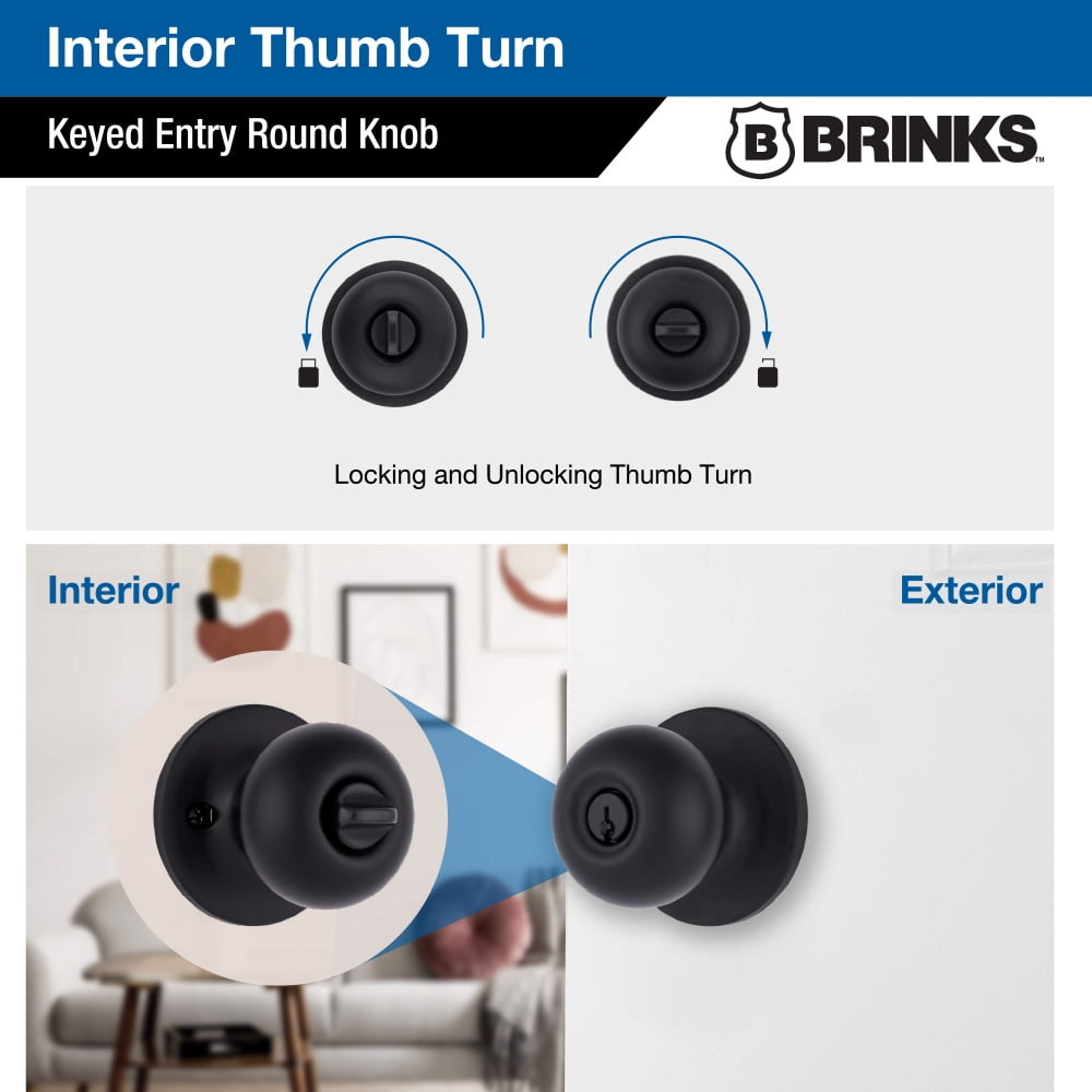 (2 pack) Brinks Keyed Entry Classic Ball Style Doorknob, Matte Black Finish