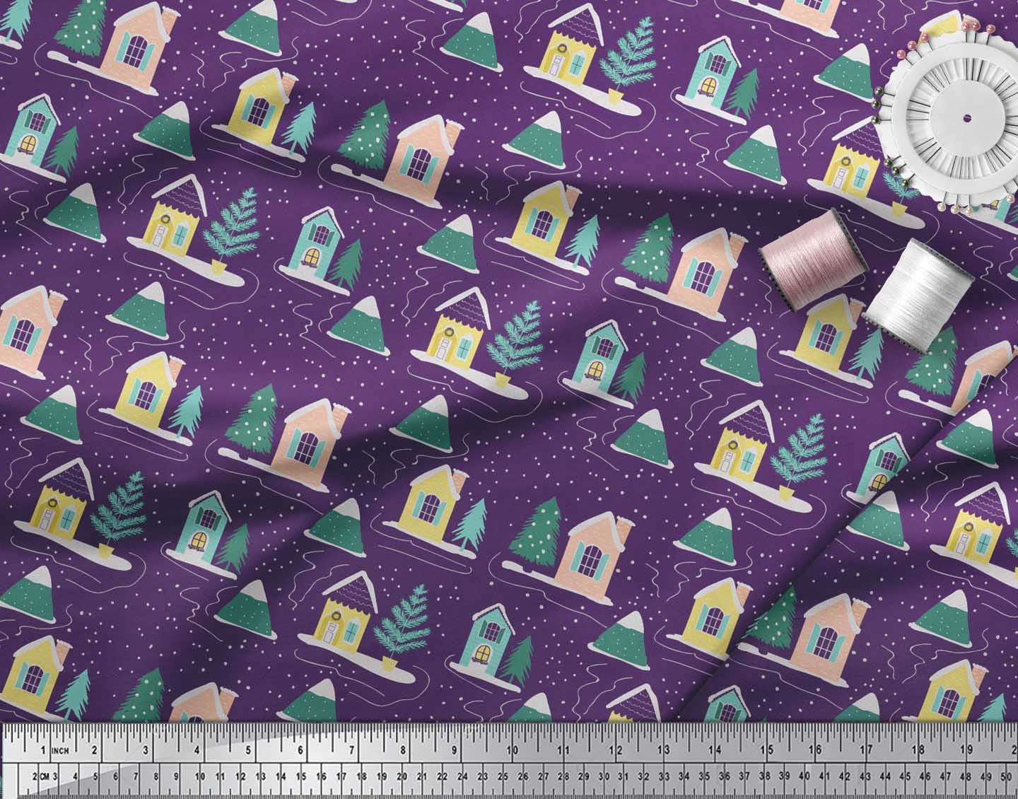 Soimoi Purple Heavy Satin Fabric Christmas Tree & House Nature Fabric Prints By Yard 54 Inch Wide