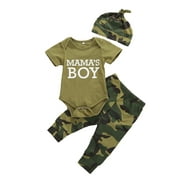 Toddler Baby Boys Mama's Boy Bodysuit & Camouflage Pants & Hats 3pcs Outfit Set