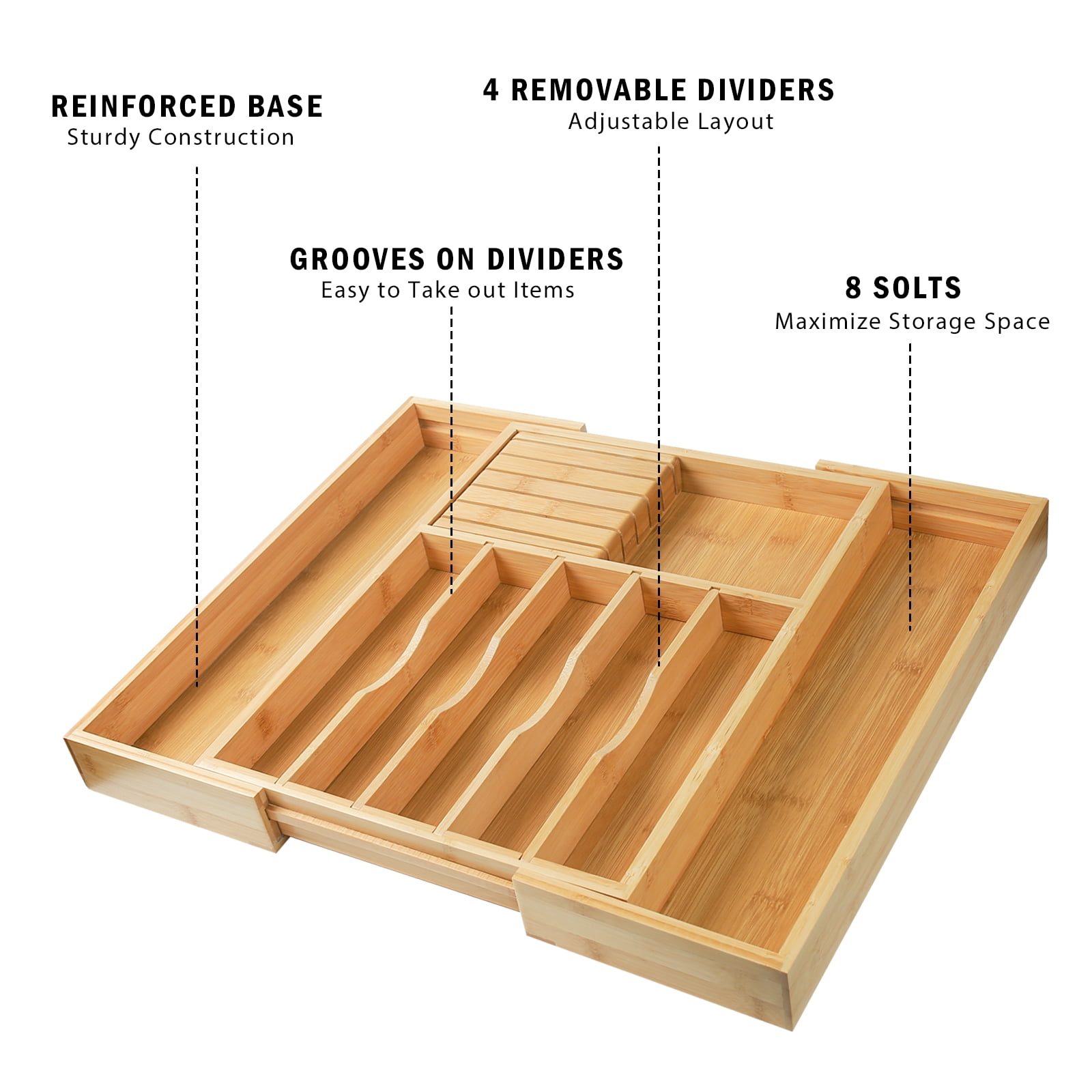 Bamboo Expandable Silverware Drawer Organizer,Adjustable Kitchen Utensil Organizer with Removable Dividers and Knife Block for Flatware, Cutlery , Knives