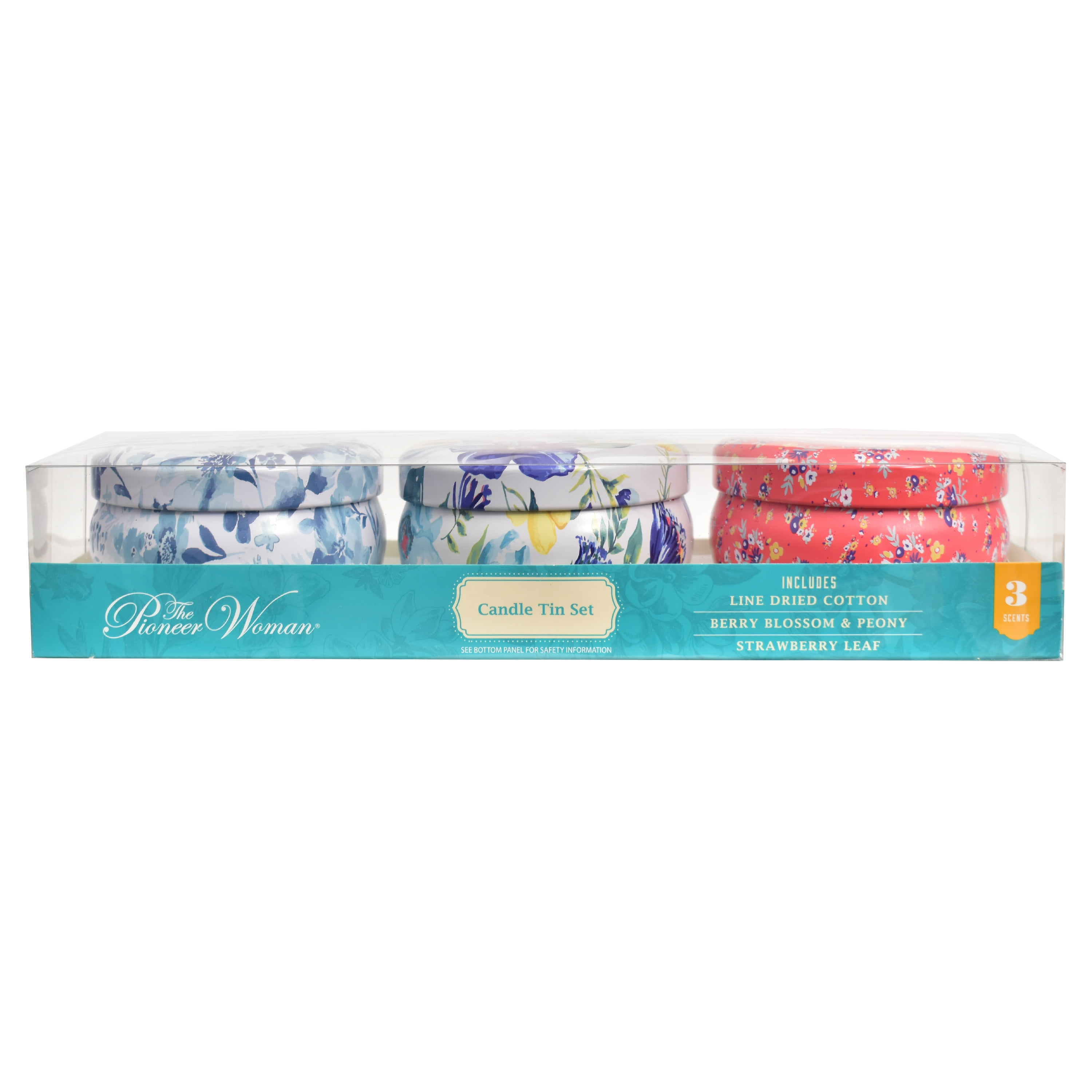 The Pioneer Woman 3-Piece Tin Candle Set, Line Dried Cotton, Berry Blossom & Peony, and Strawberry Leaf