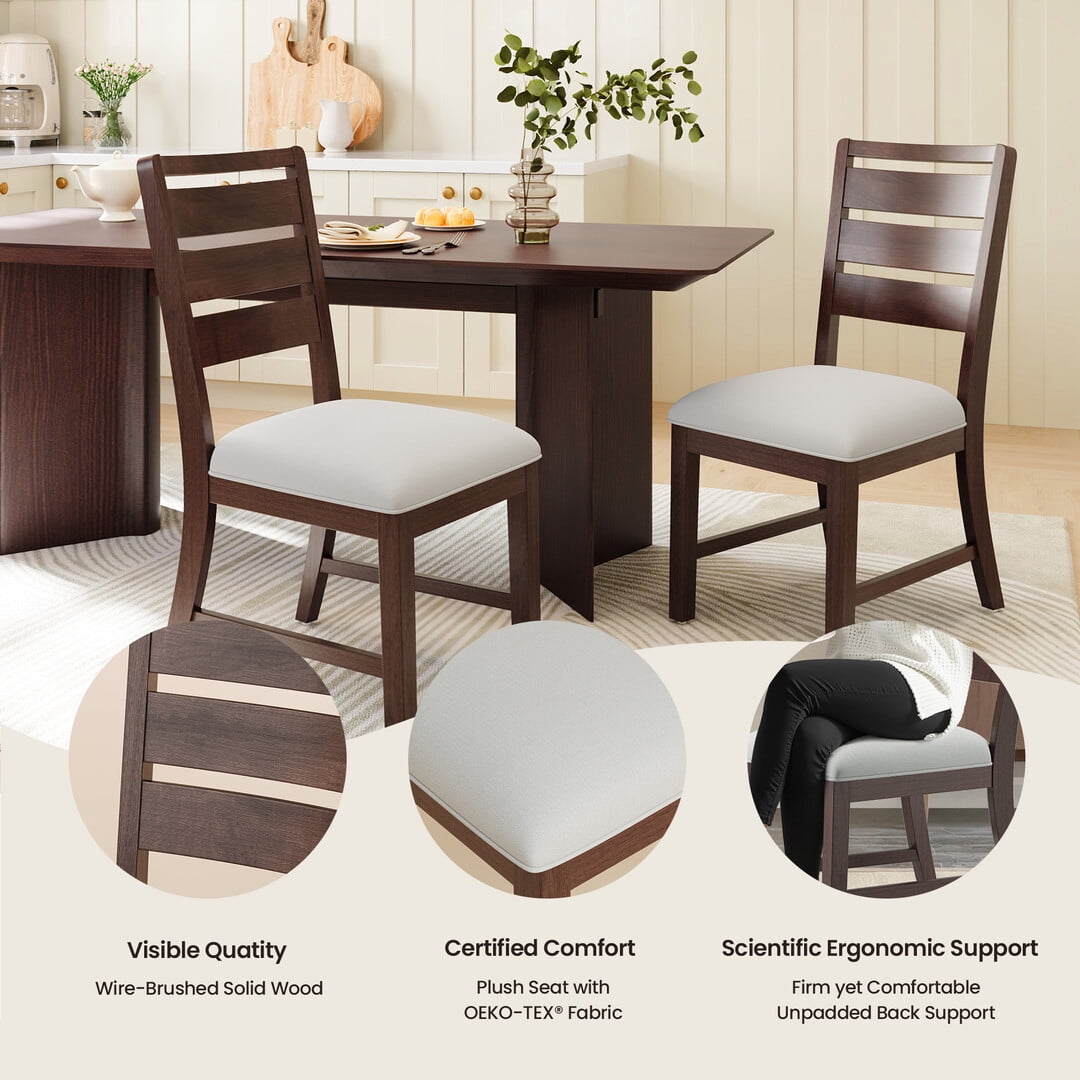 COLAMY SERA Solid Wood Dining Chair Set of 4 with Fabric Upholstered Cushion, Ladder Back Farmhouse Kitchen Chair, Modern Two-Tone Chair for Home and Restaurant, Brown