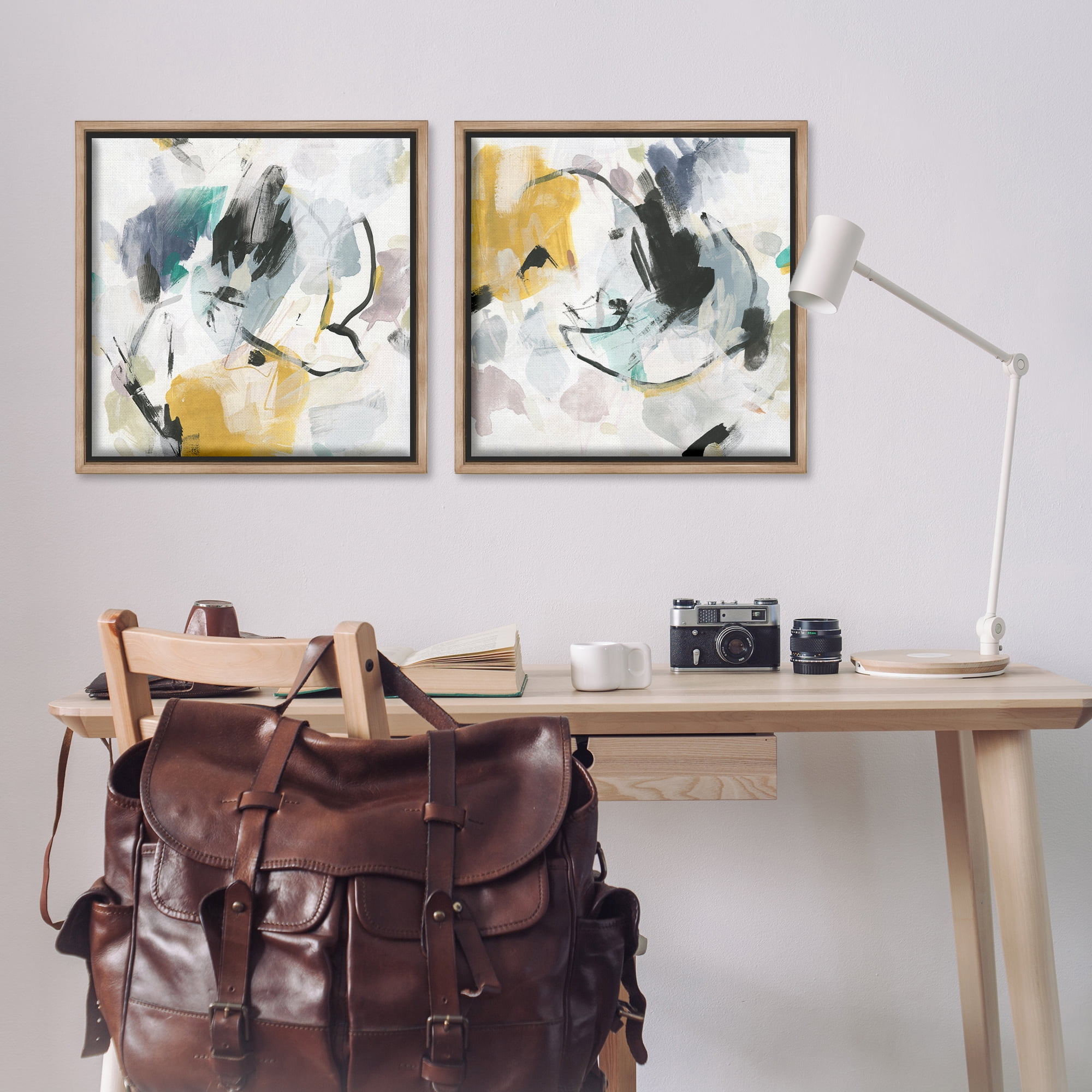 Stupell Industries Black & Yellow Abstract Splash Abstract Painting Brown Floater Framed Canvas Art Print Wall Art, 25 x 25, Set of 2