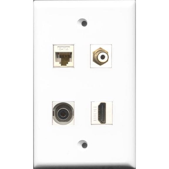 RiteAV 1 Port HDMI and 1 Port RCA White and 1 Port 3.5mm and 1 Port Cat6 Ethernet White Wall Plate