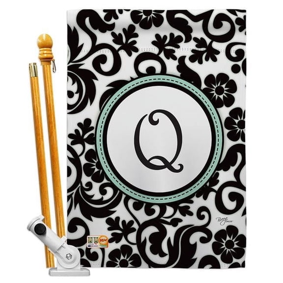 Breeze Decor BD-SB-HS-130069-IP-BO-D-US09-BD 28 x 40 in. Vertical Damask Q Initial Interests Simply Beauty Impressions Decorative Double Sided House Flag Set with Pole & Bracket Hardware