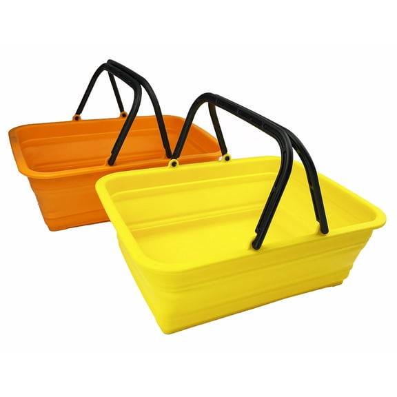 SAMMART Set of 2 Collapsible Basket with Handle 8L (2.1 Gallon) - Portable Outdoor Picnic Basket/Crate - Foldable Basin for Washing Dishes,Camping,Hiking (Golden Yellow   Mandrain Red