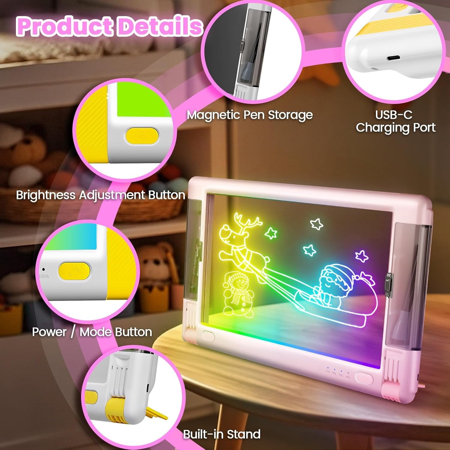 UKEXE 15 Inch Rechargeable LED Drawing Board - 9 Neon Light Modes, Portable Glow Art Tablet with Tracing Sheets, Creative Gift for Kids & Teens (Pink)
