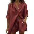 thumbnail image 2 of Idoravan Women Sets Clothing Clearance Womens Solid Color Single Breasted Short Sleeve Shirt Shorts Loose Casual Suit, 2 of 9