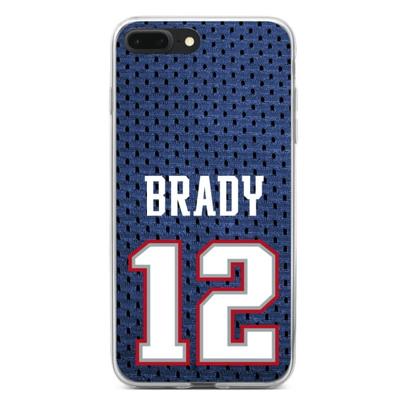 DistinctInk Clear Shockproof Hybrid Case for iPhone 7 PLUS / 8 PLUS (5.5" Screen) - TPU Bumper, Acrylic Back, Tempered Glass Screen Protector - Brady 12 Jersey - Football Team