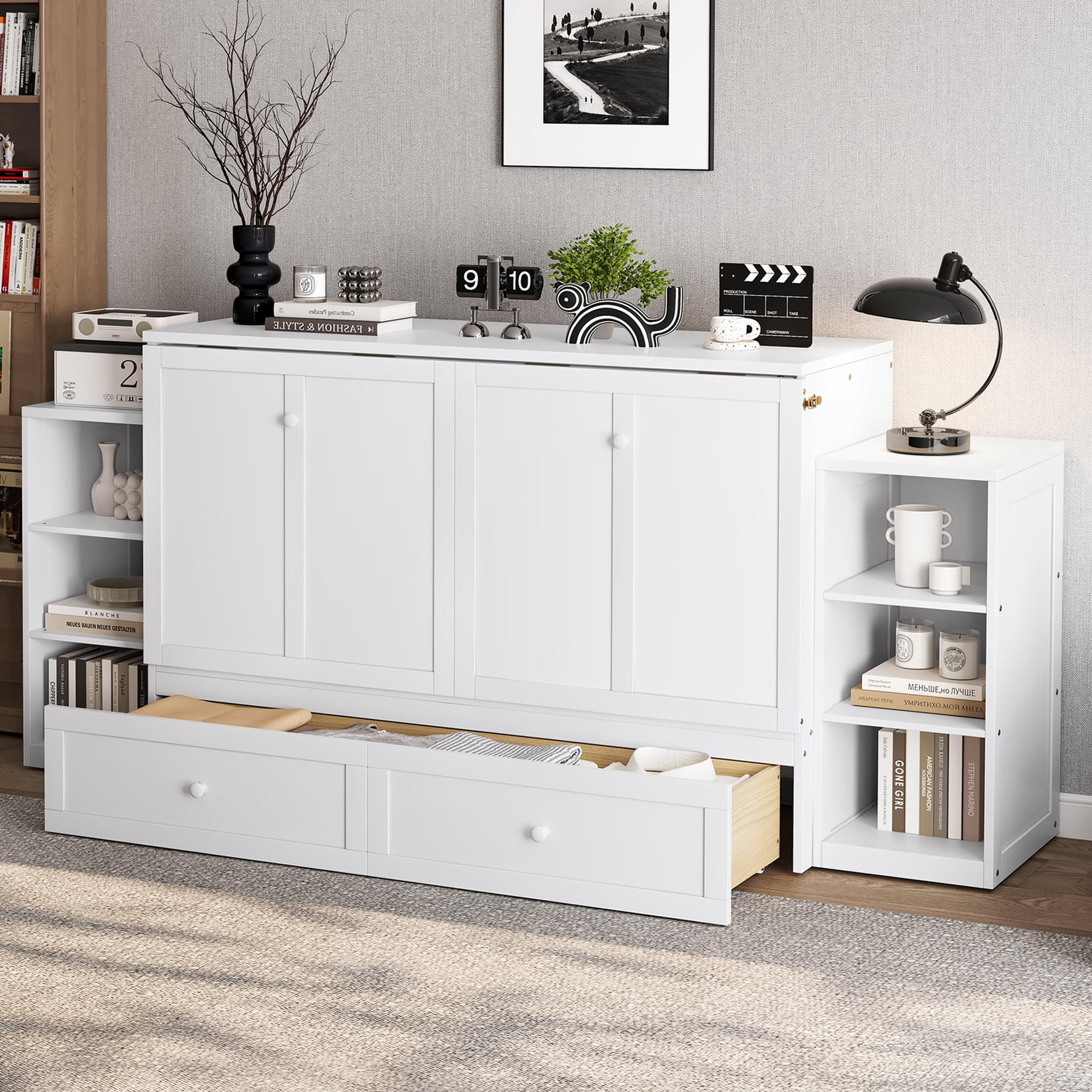 Mintazer Queen Size Murphy Bed with 6 Side Shelves & 2 Drawers, Modern Foldable Cabinet Bed for Bedroom Apartment Guest Room, White