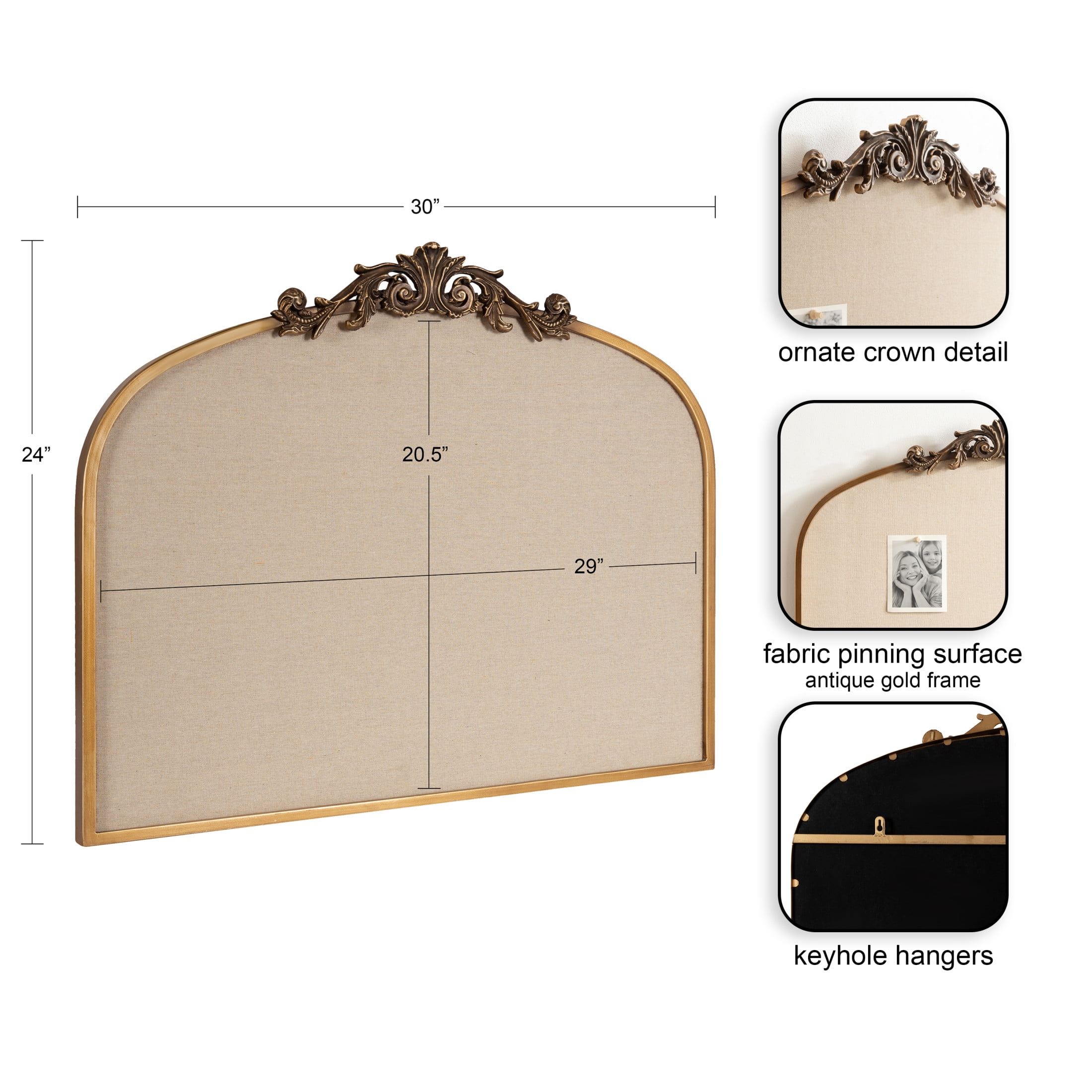 Kate and Laurel Arendahl Wide Decorative Arch Pinboard, 30 x 24, Gold, Framed Arched Ornate Vintage Cork Board for Use as Motivational Vision Board or Wall Organizer