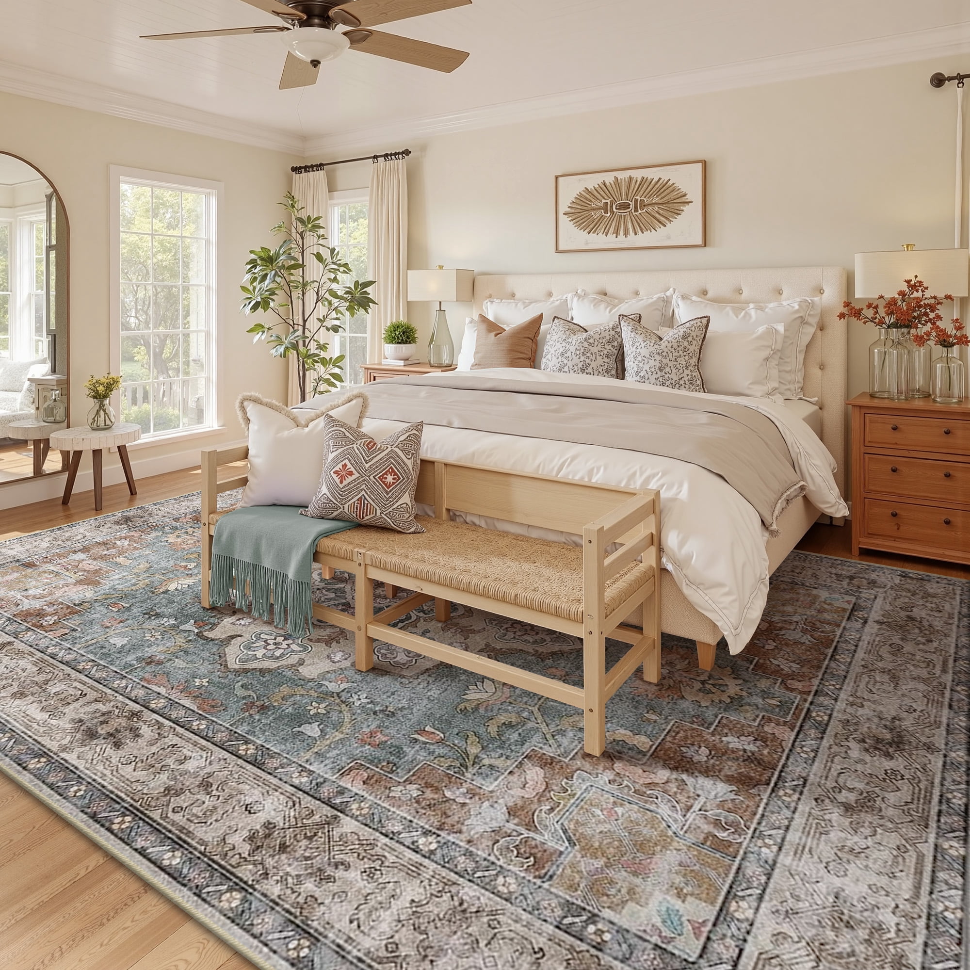 NewBuros 9'x12' Area Rugs, Machine Washable Non Slip Rugs for Living Room, Low Pile Water Repellent Soft Vintage Print Pattern Bedroom Carpet, Brick & Green