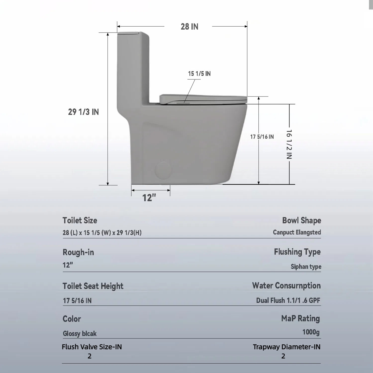 One-Piece Toilet for Bathrooms,Modern Toilet Elongated Bowl with Soft Close Seat,1.1/1.6 GPF,Gray 02
