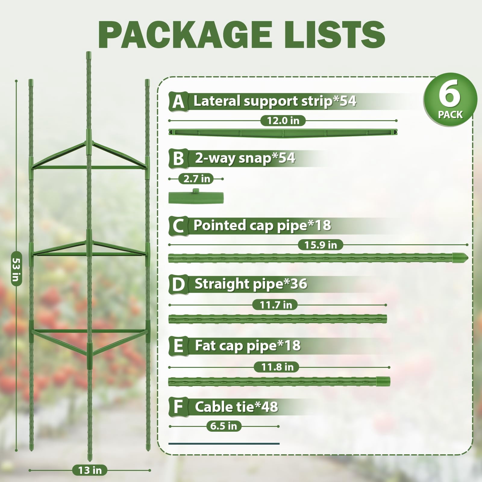 6 Pack Tomato Cage For Garden Plant Supports  Up To 53 Inch Trellis Potted Plants Heavy-duty Stakes Climbing Vegetables Cucumber Peony Flowers Green