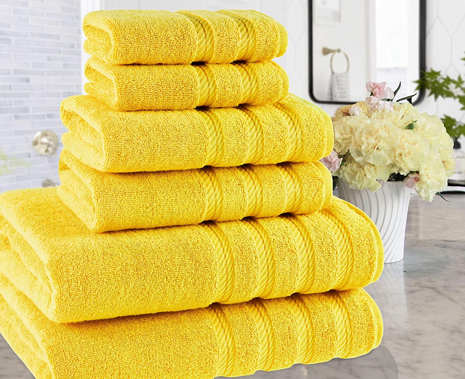 Yellow Towels for Bathroom, Luxury 6PCS Gift Set, 100% Cotton | Thick |  Soft | Quick Dry, 2 Large Bath Towels 30 × 56, 2 Hand Towels 18 × 28, 2