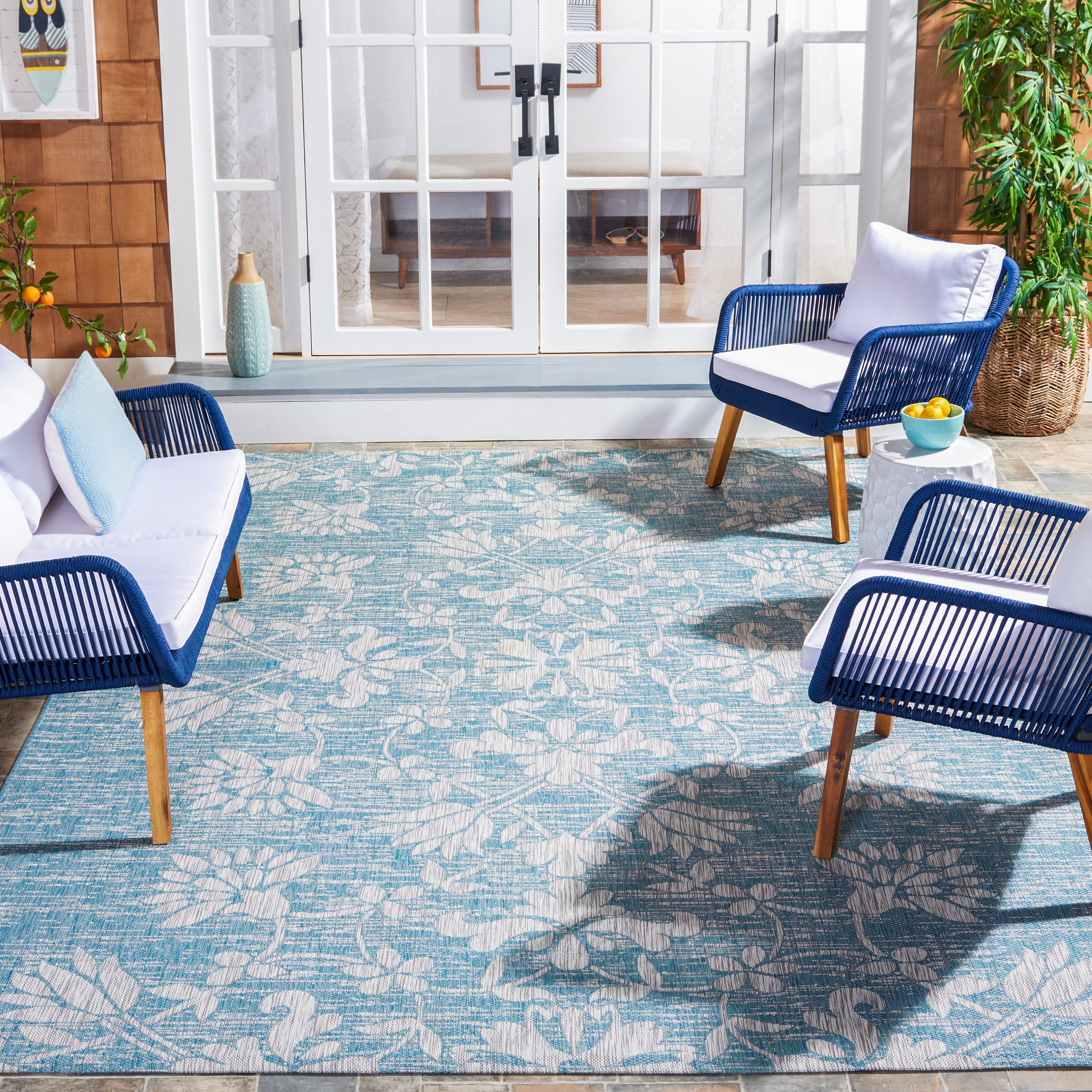 SAFAVIEH Courtyard Nina Floral Indoor/Outdoor Area Rug, Aqua/Grey, 6'7" x 6'7" Square