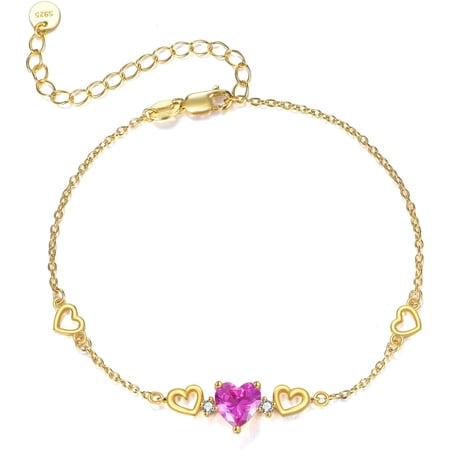 DVEATR Pink Heart Bracelet for Women, 925 Sterling Silver Plated 18K Gold Crushed Ice Flower Cut CZ Heart Pendant Bracelet, Jewelry Anniversary Birthday Gift for Wife Mam Daughter 7+2 Inch