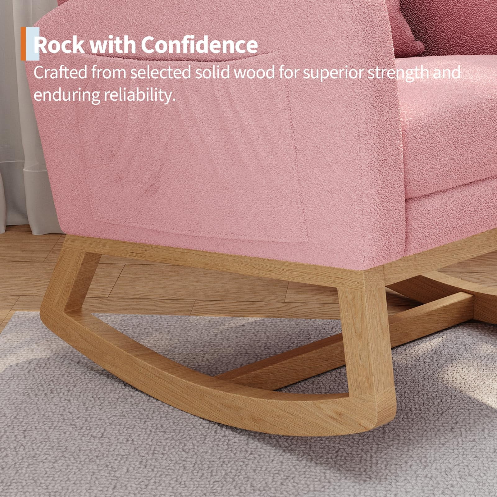 Garvee Modern Nursery Glider Chair Teddy Fleece Rocking Chair with Footrest with Side Pockets and Pillow, Rocker Chair for Living Room Bedroom and Home, Pink