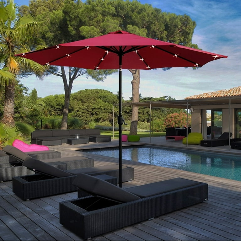 9 red patio umbrella 9' Deluxe Outdoor patio umbrella is made of UPF50+ polyester fabric 9 Foot Auto-Tilt Market Umbrella